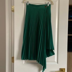 SANDRO Corie Skirt Women. Size 0 SMALL Asymmetrical Pleated Midi Green.